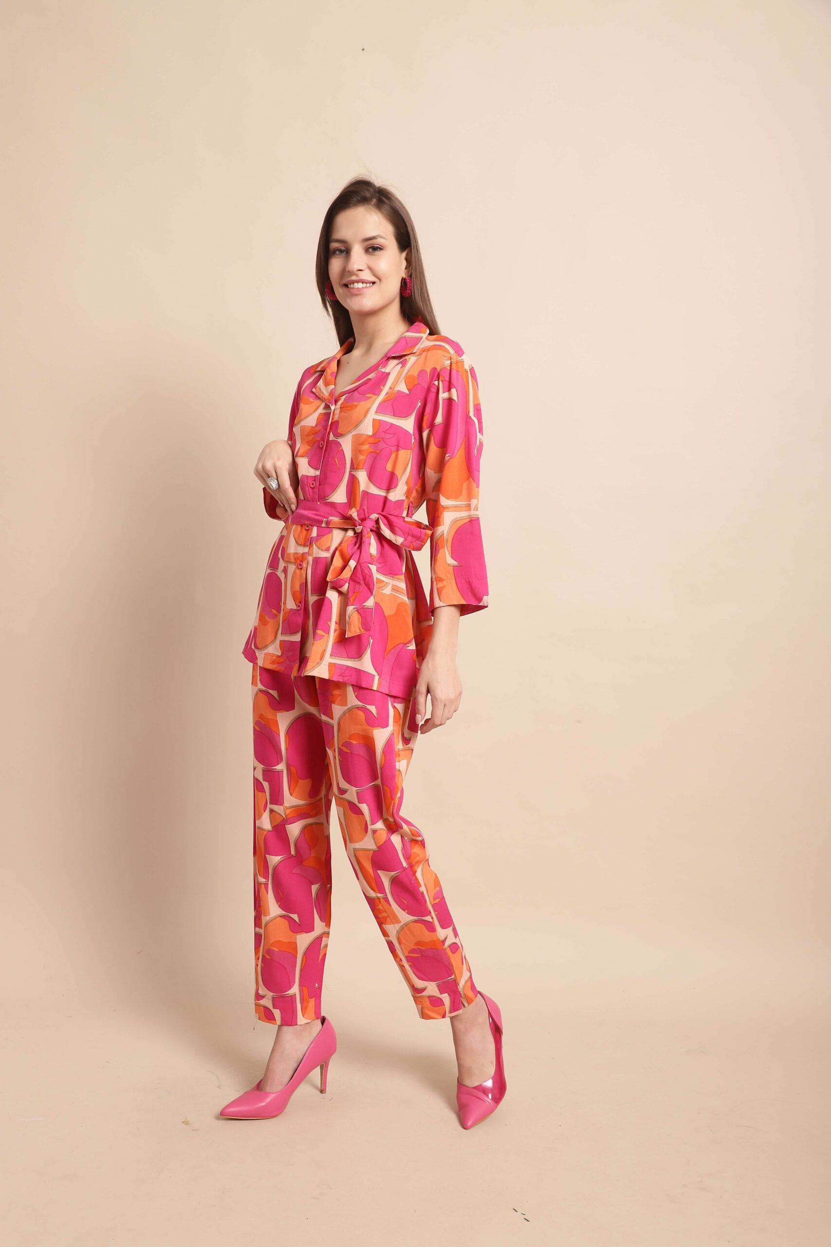Women's Pure Cotton Printed Collared Top and Pant Co-ord Set (Pink) - Image 4