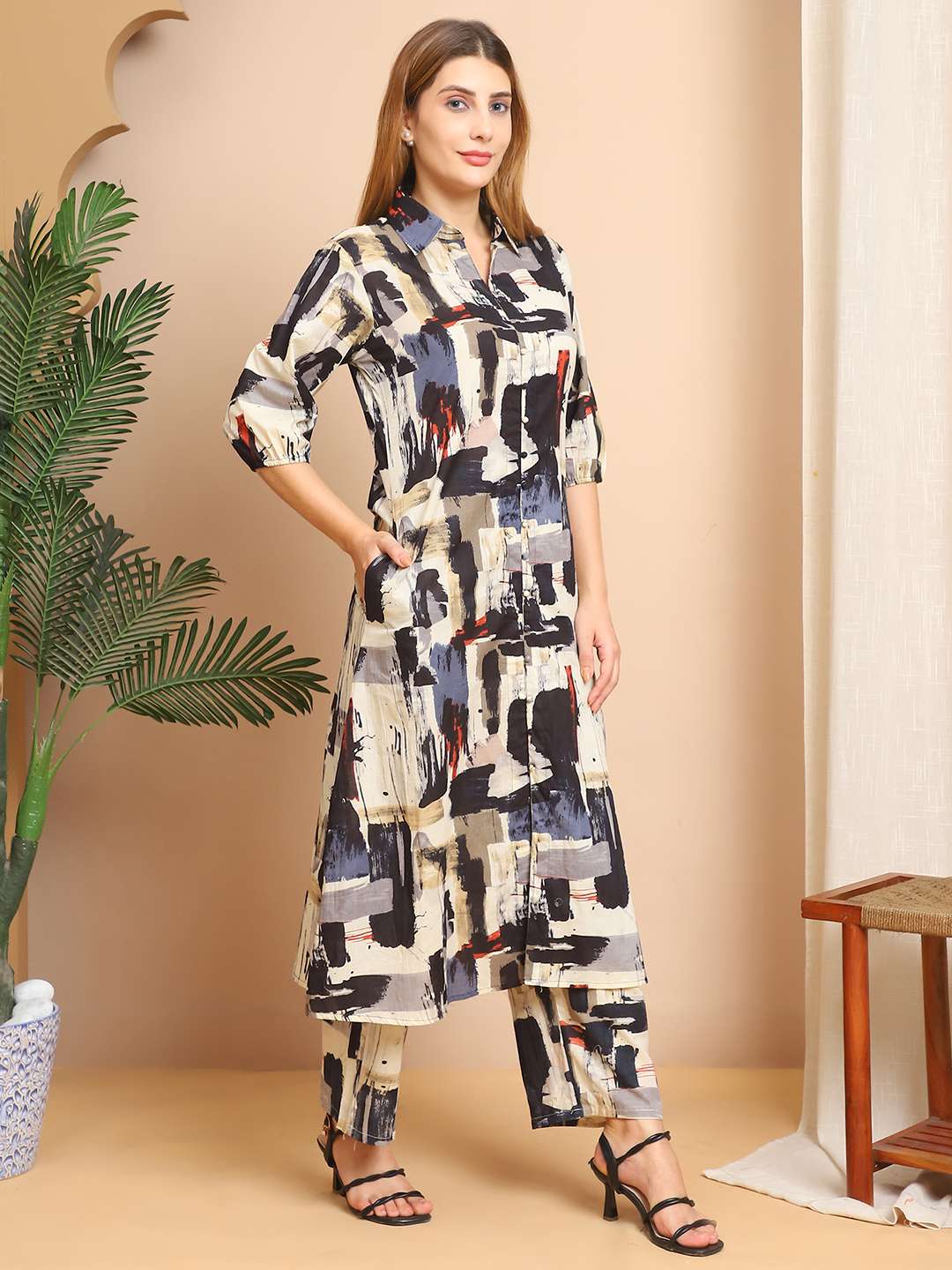 Women's Pure Cotton Printed Collared Top and Pant Co-ord Set (Multti Color6) - Image 3