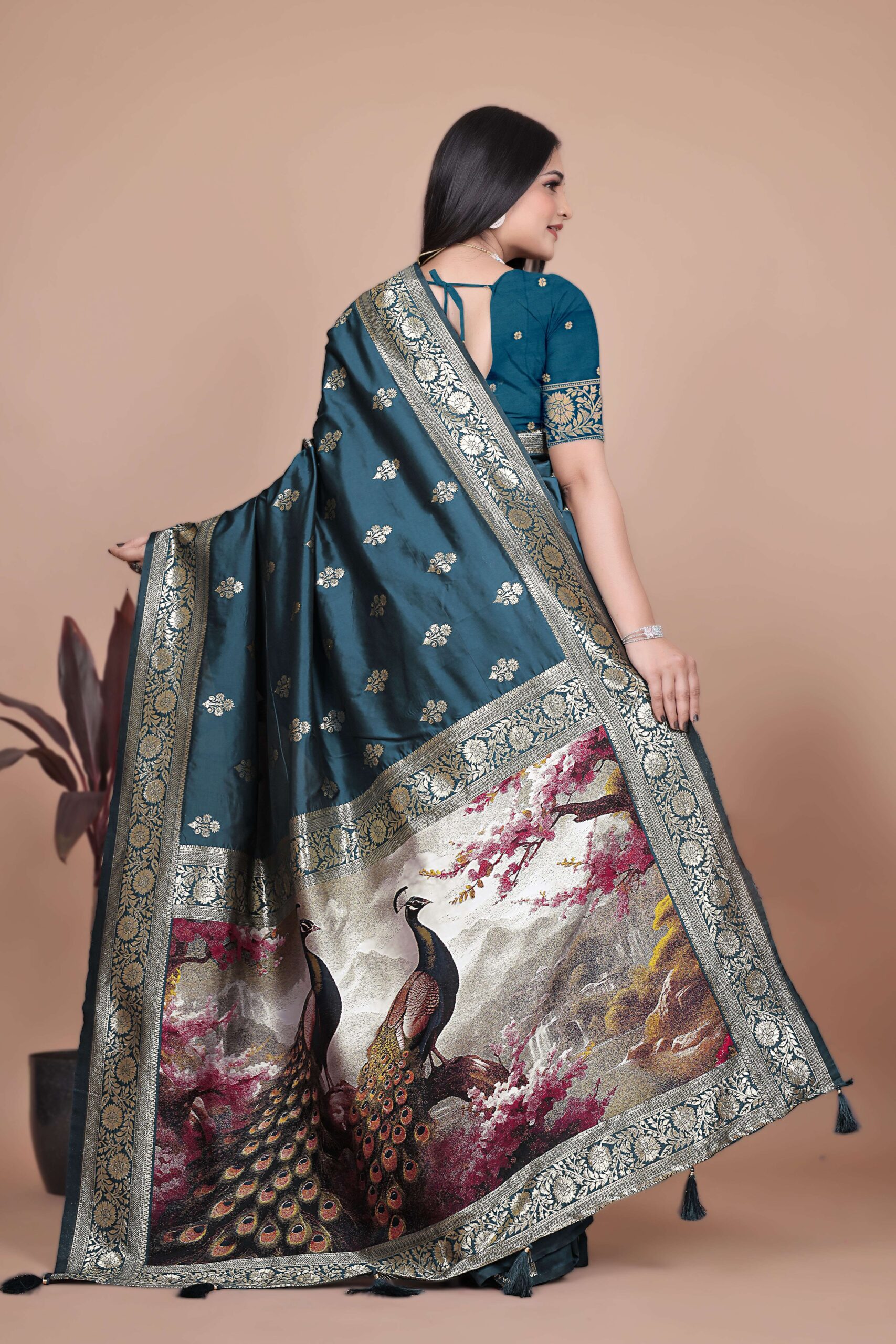 Teal Banarasi Silk Saree with Golden Zari & Peacock Pallu | Wedding, Festive & Traditional Wear - Image 3