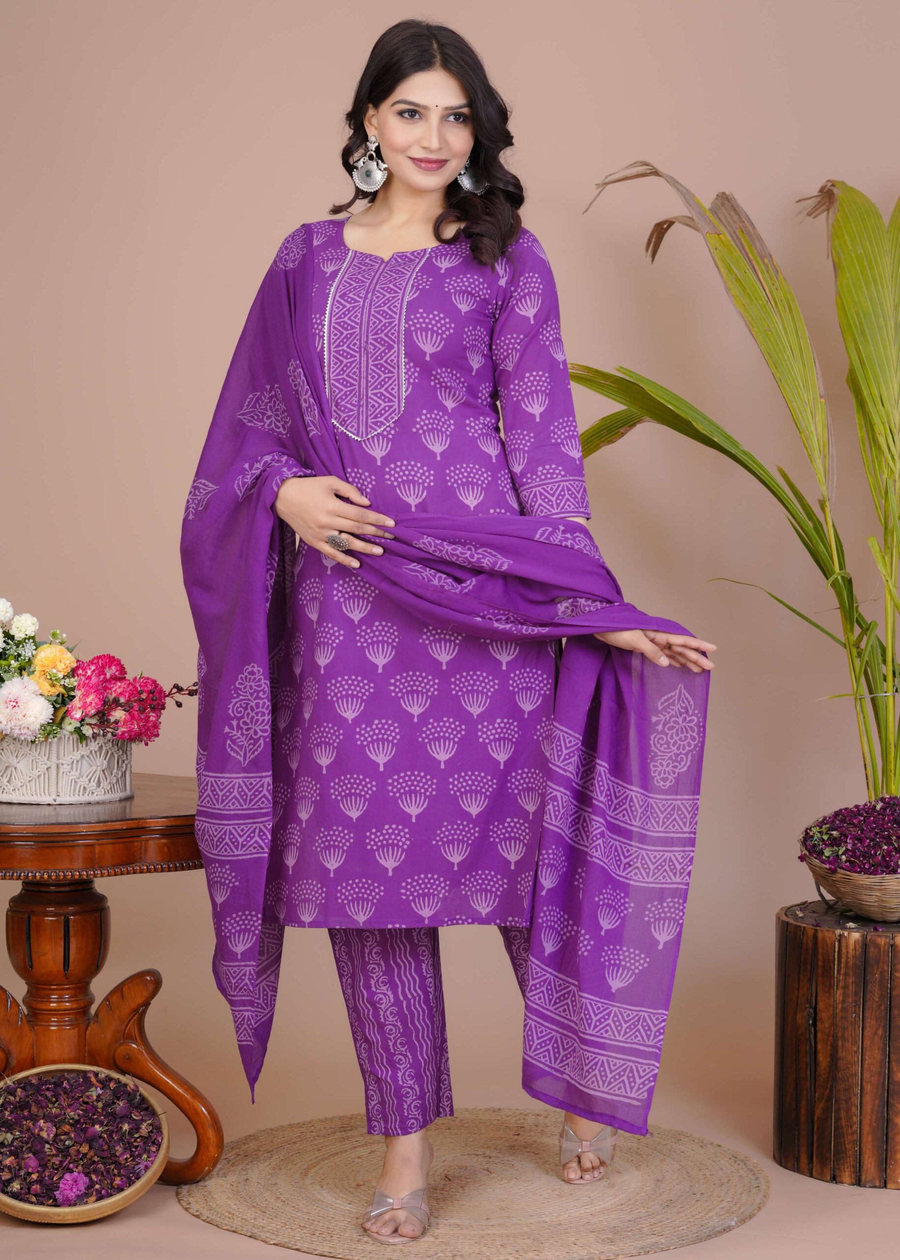 Women's Violet Cotton Printed Straight Kurti with Pant & Dupatta Set - Image 2
