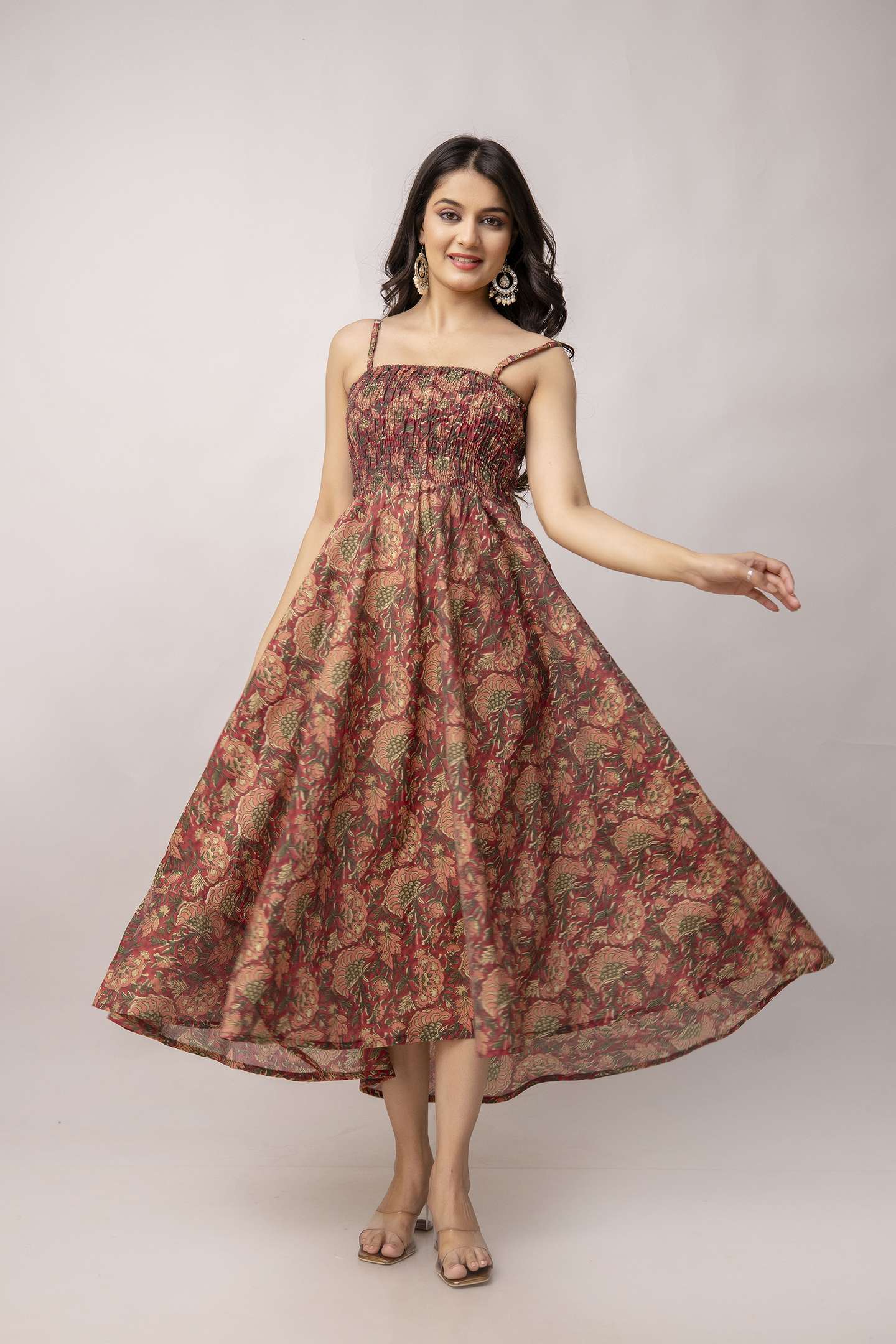 Women's Silk Printed Shoulder Straps Sleeveless Anarkali Gown Drees