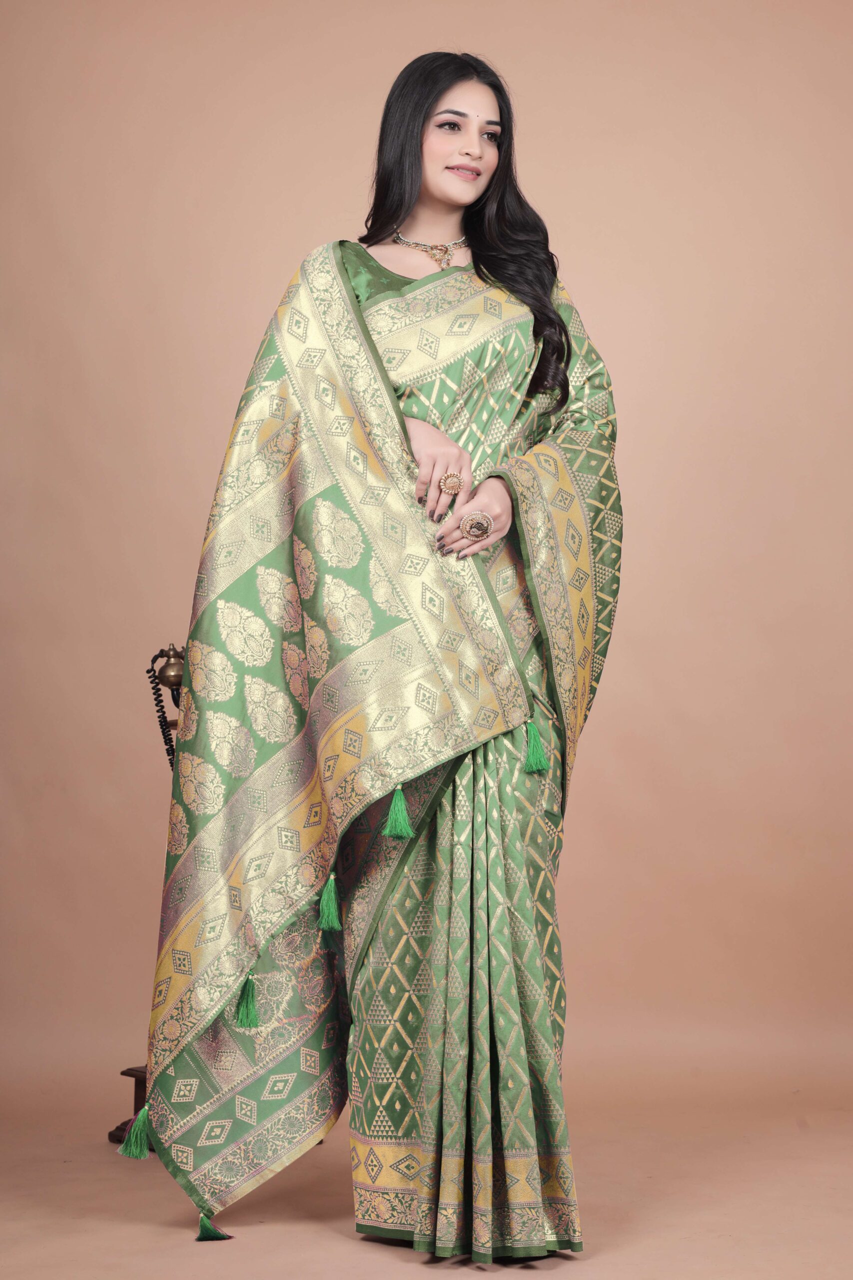 Emerald Green Banarasi Silk Saree with Silver Zari | Geometric & Floral Design | Wedding, Festive & Traditional Wear - Image 2