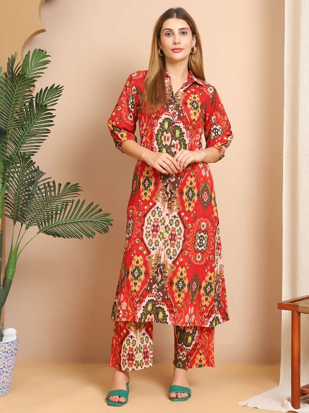 Women's Pure Cotton Printed Collared Top and Pant Co-ord Set (Multti Color4) - Image 8