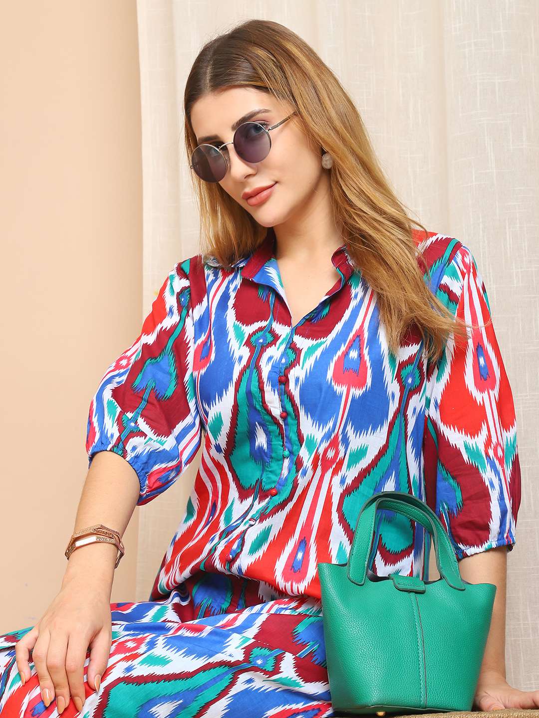 Women's Pure Cotton Printed Collared Top and Pant Co-ord Set (Multti Color5) - Image 5