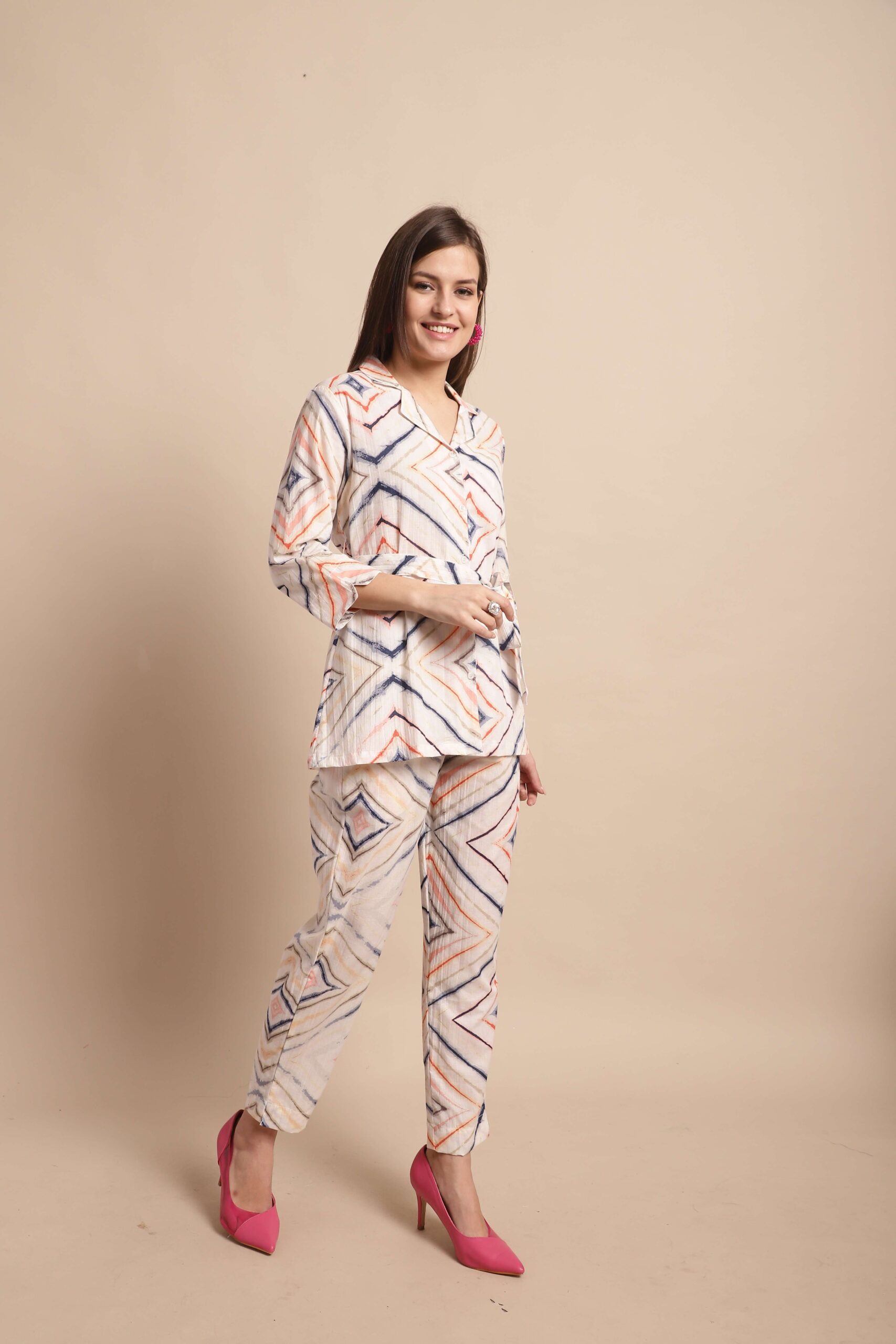 Women's Pure Cotton Printed Collared Top and Pant Co-ord Set (White) - Image 3
