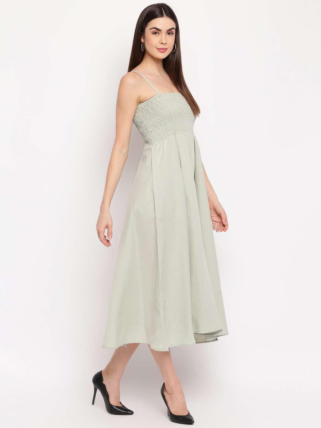 Women's Viscose Rayon Solid Shoulder Straps Sleeveless Flared Gown Drees (Light Grey) - Image 2